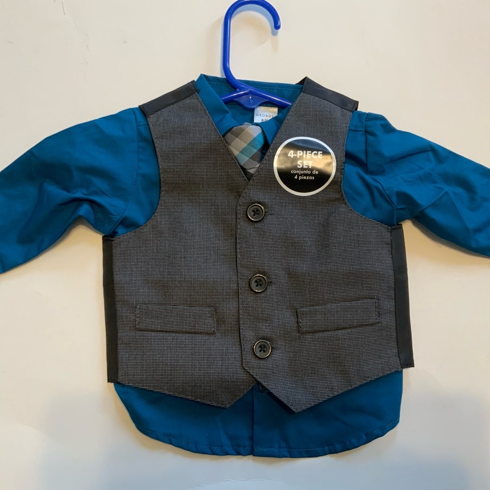 GREY BLUE MIX 4 PC SHIRT TIE PANTS VEST DRESSY SIZE 0-3 MOS SUIT SET